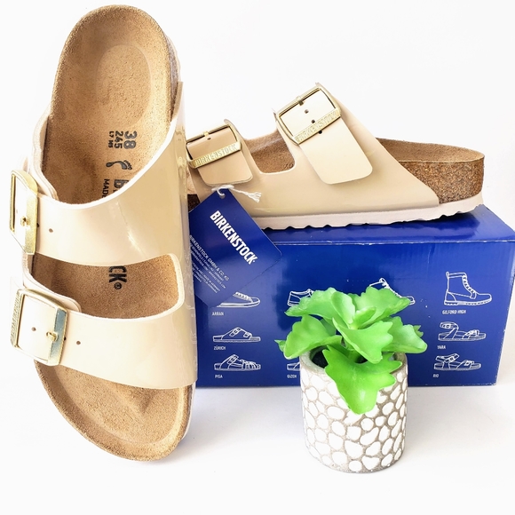 Birkenstock Shoes - Birkenstock Sand Arizona Two Strap Sandals New in Box Size 38 Ladies 7 Patent